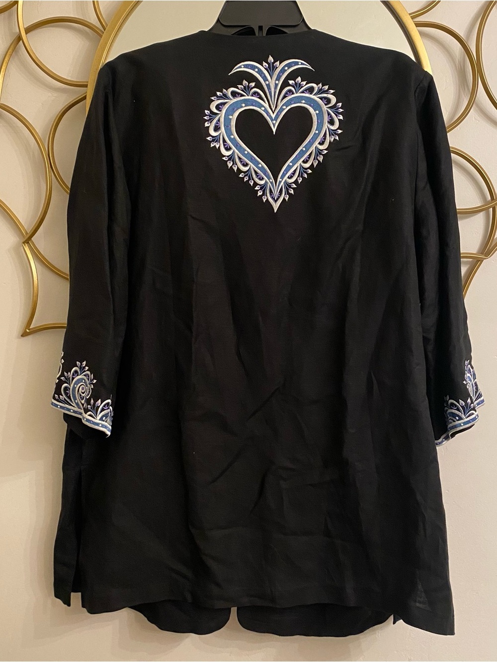 Bob Mackie Wearable Art Linen Rayon Cardigan Heart Floral Embroidery Sz XL Black